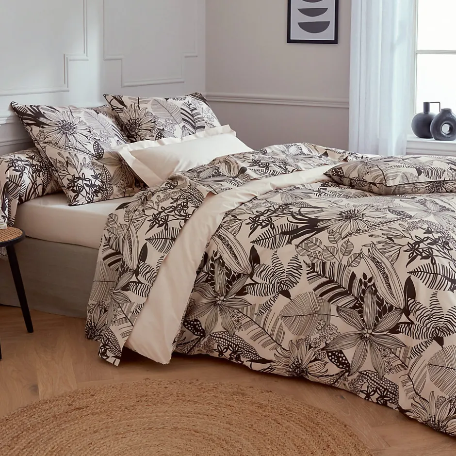 Linnea Parure de lit 140x200 cm taie 65x65 cm percale de coton ALBA beige/noir 2 pièces