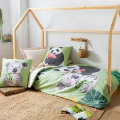 Linnea Parure de lit 200x200 cm 65x65 cm percale de coton PANDA vert 3 pièces Hot
