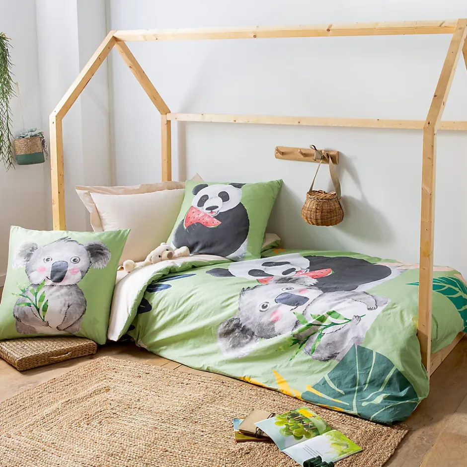 Linnea Parure de lit 200x200 cm 65x65 cm percale de coton PANDA vert 3 pièces Hot