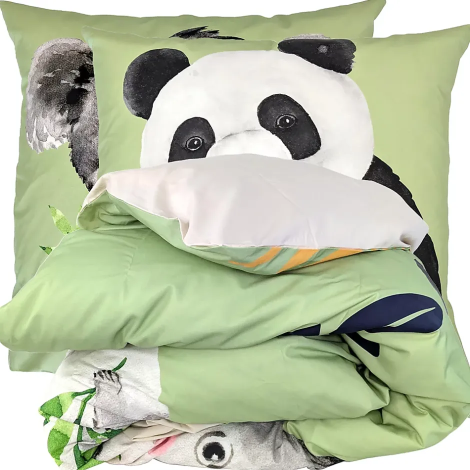 Linnea Parure de lit 200x200 cm 65x65 cm percale de coton PANDA vert 3 pièces Hot