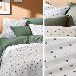 Linnea Parure de lit 140x200 cm 65x65 cm percale coton ALEX vert Kaki 2 pièces