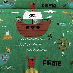 Soleil D'Ocre Parure housse de couette 140x200 cm PIRATES vert, 100% coton 57 fils/cm2, par