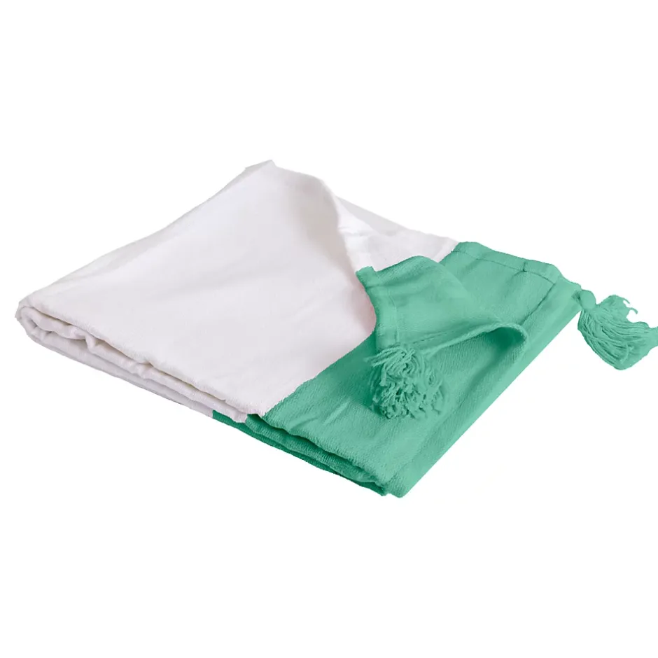 Sacasa Plaid coton vert et blanc avec pompons 180x220cm SLAVIA - Hot