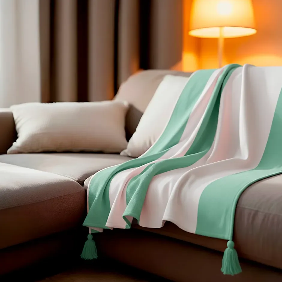 Sacasa Plaid coton vert et blanc avec pompons 180x220cm SLAVIA - Hot