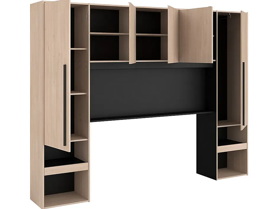 Vente-unique Pont de lit avec rangements - Avec LEDs - L265 cm - Coloris : Naturel et noir - VELONA