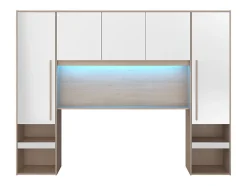 Vente-unique Pont de lit avec rangements - Avec LEDs - L265 cm - Coloris : Blanc brillant et naturel - VELONA
