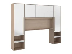 Vente-unique Pont de lit avec rangements - Avec LEDs - L265 cm - Coloris : Blanc brillant et naturel - VELONA