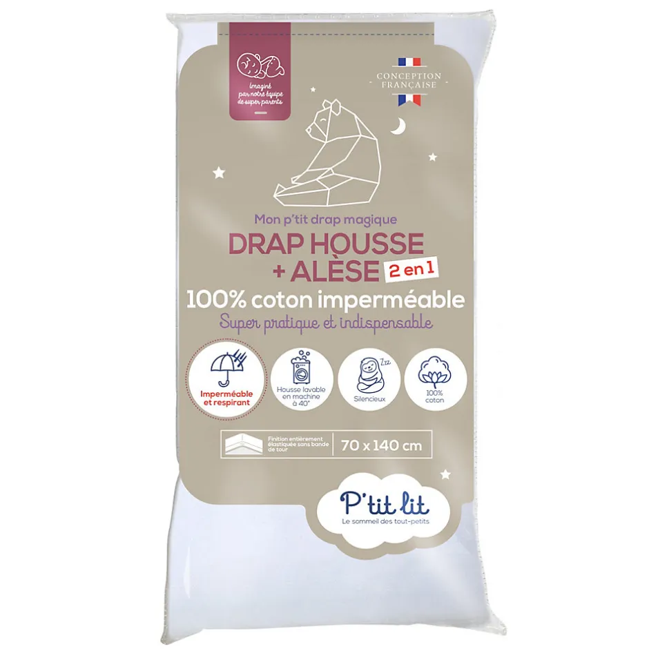 P’Tit Lit Protège Matelas Bébé 2 en 1 - Alèse + Drap Housse - 100% Coton - Imperméable et Respirant - Oeko Tex - Blanc
