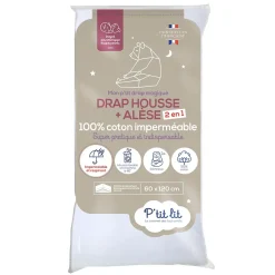 P’Tit Lit Protège Matelas Bébé 2 en 1 - Alèse + Drap Housse - 100% Coton - Imperméable et Respirant - Silencieux - Oeko Tex - Blanc Sale