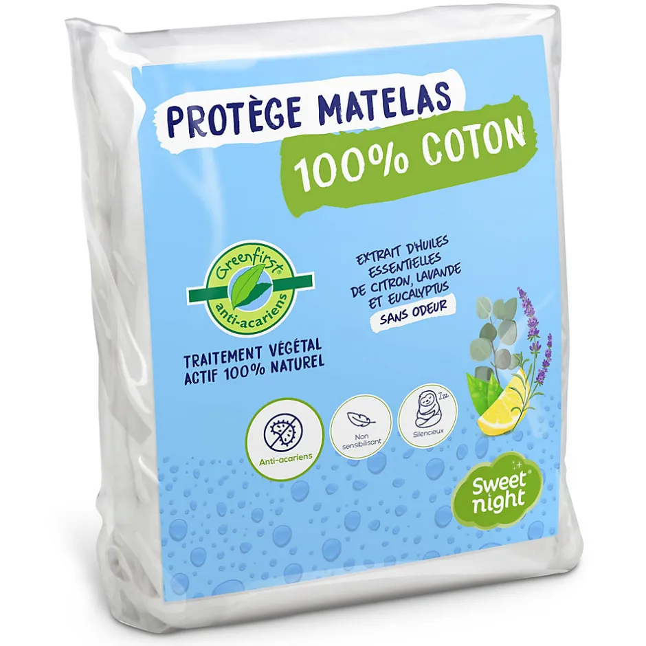 Sweetnight Protège Matelas 140x190 cm - Molleton 100% Coton - Traitement Végétal Anti-Acariens Greenfirst