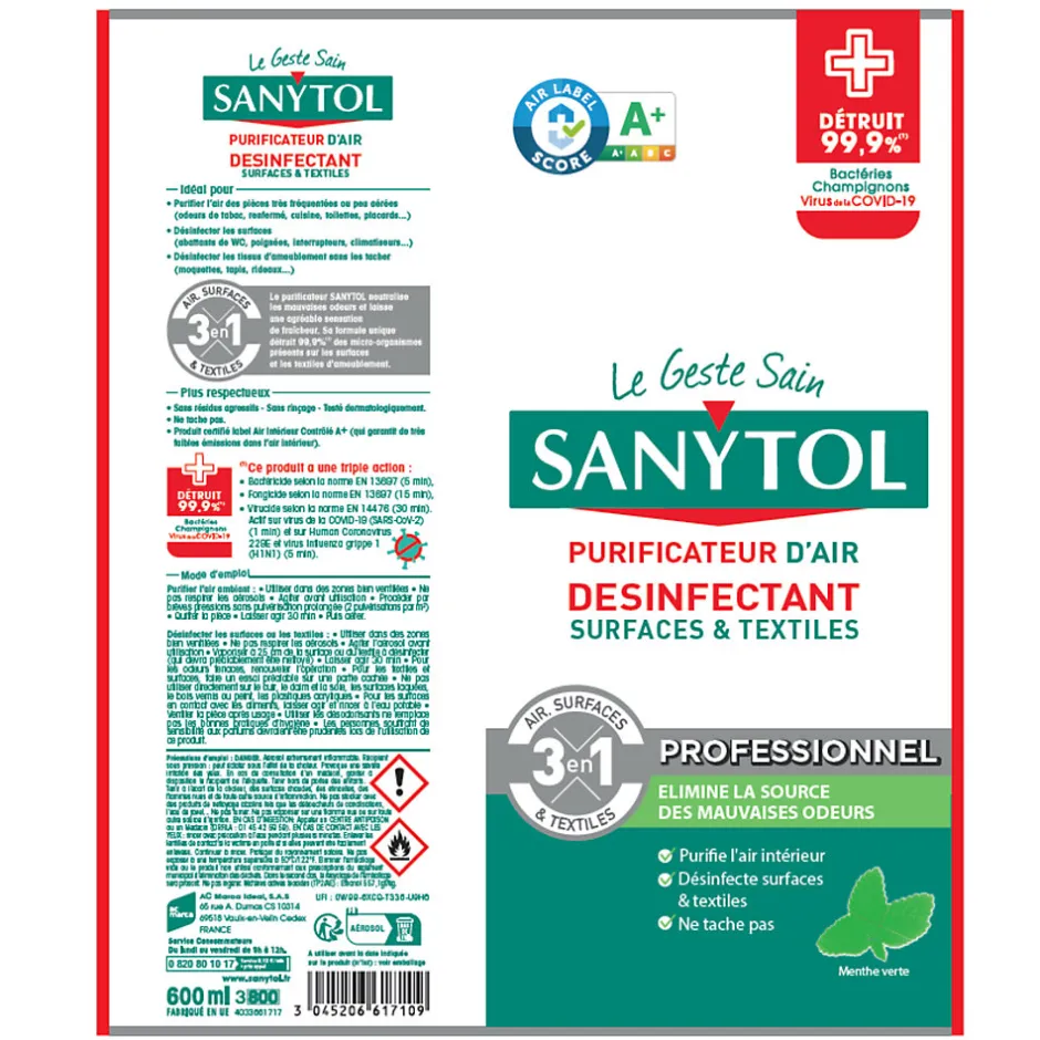 Sanytol Purificateur d'air surfaces et textiles menthe 600ml