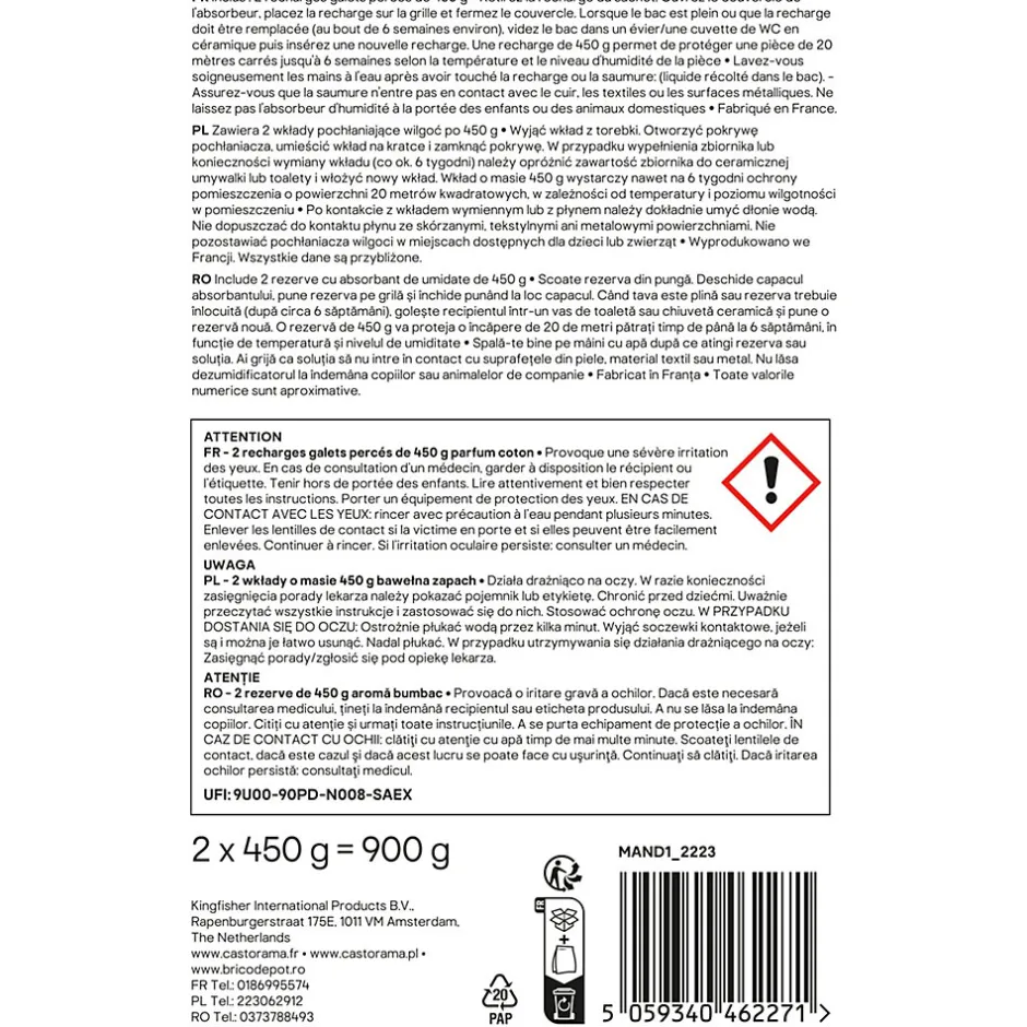 GoodHome Recharge pour absorbeur d'humidité 2 galets coton 20m² 450g Discount