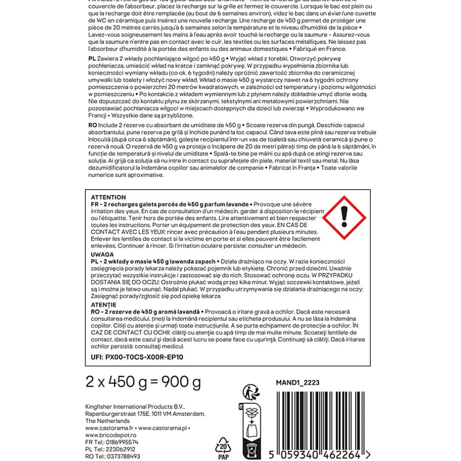 GoodHome Recharge pour absorbeur d'humidité 2 galets lavande 20m² 450g