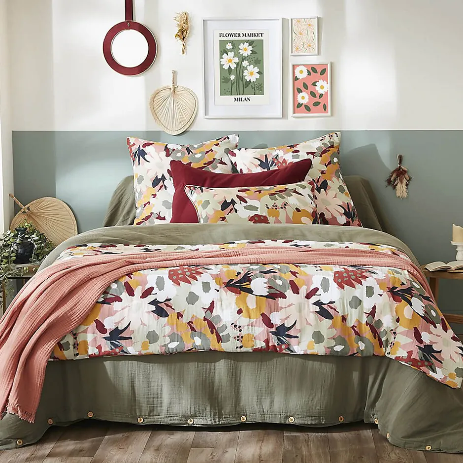 Altobuy SARAH - Chemin de Lit 90x200cm Gaze de Coton Imprimé Rose Imprimé Floral