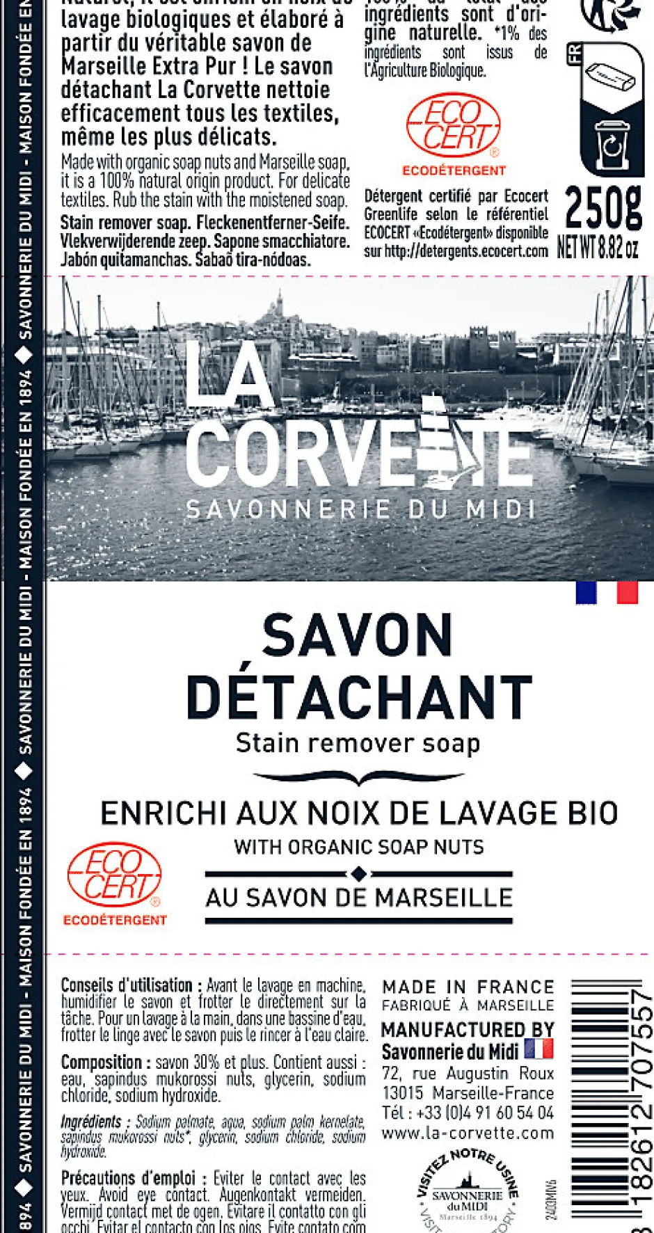 La Corvette Savon de Marseille détachant enrichi aux noix de lavage bio Savonnerie du midi 250g