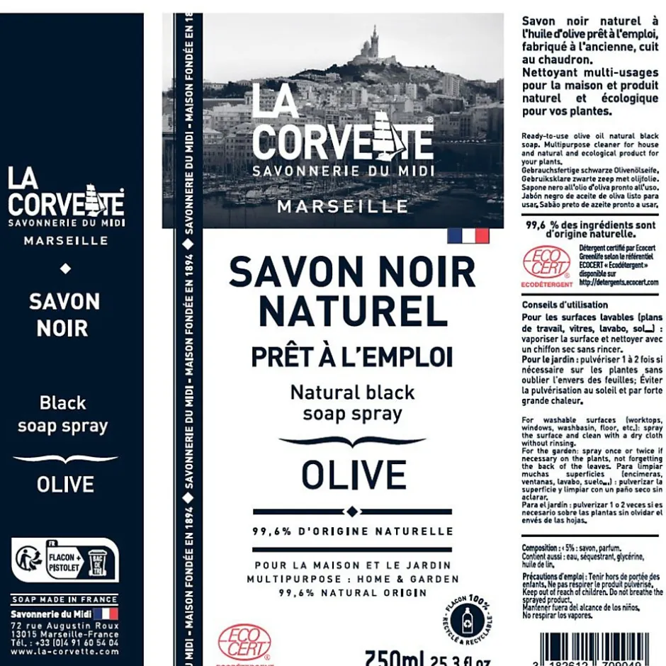 La Corvette Savon noir Savonnerie du midi liquide à l’huile d’olive en spray 750ml