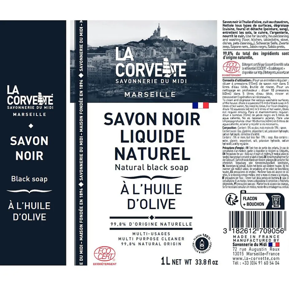 La Corvette Savon noir Savonnerie du midi liquide à l’huile d’olive 1L
