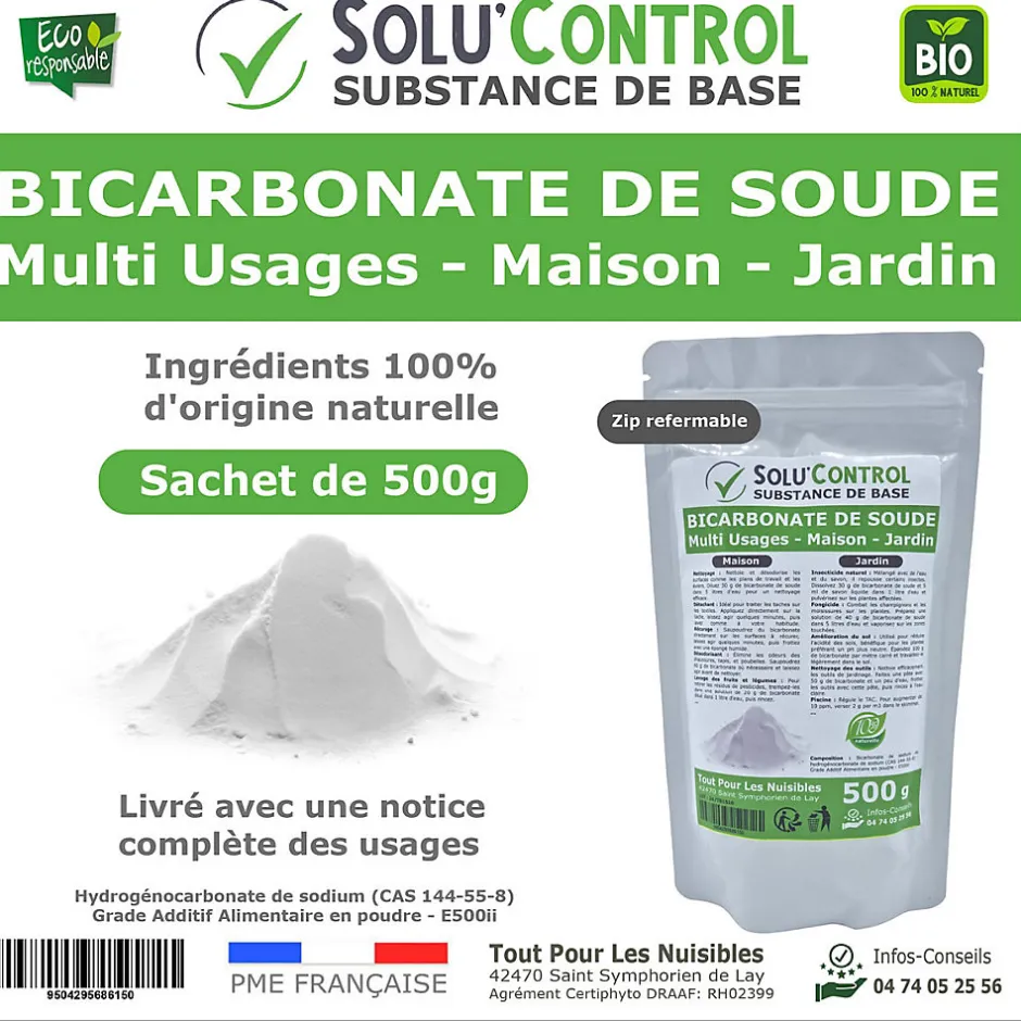 Tout Pour Les Nuisibles SOLU'CONTROL - 500 g de Bicarbonate de Soude Multi Usages, Maison et Jardin, 100% Naturel, Sachet Zip refermable