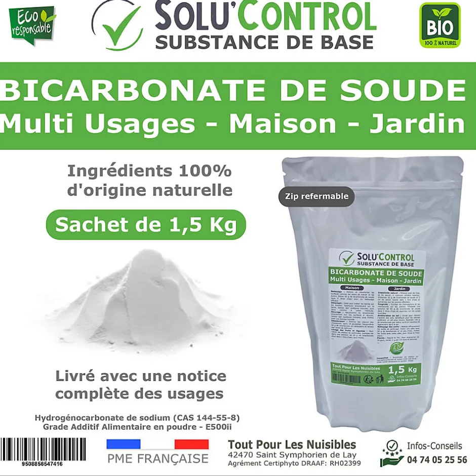 Tout Pour Les Nuisibles SOLU'CONTROL - 1,5 Kg de Bicarbonate de Soude Multi Usages, Maison et Jardin, 100% Naturel, Sachet Zip refermable