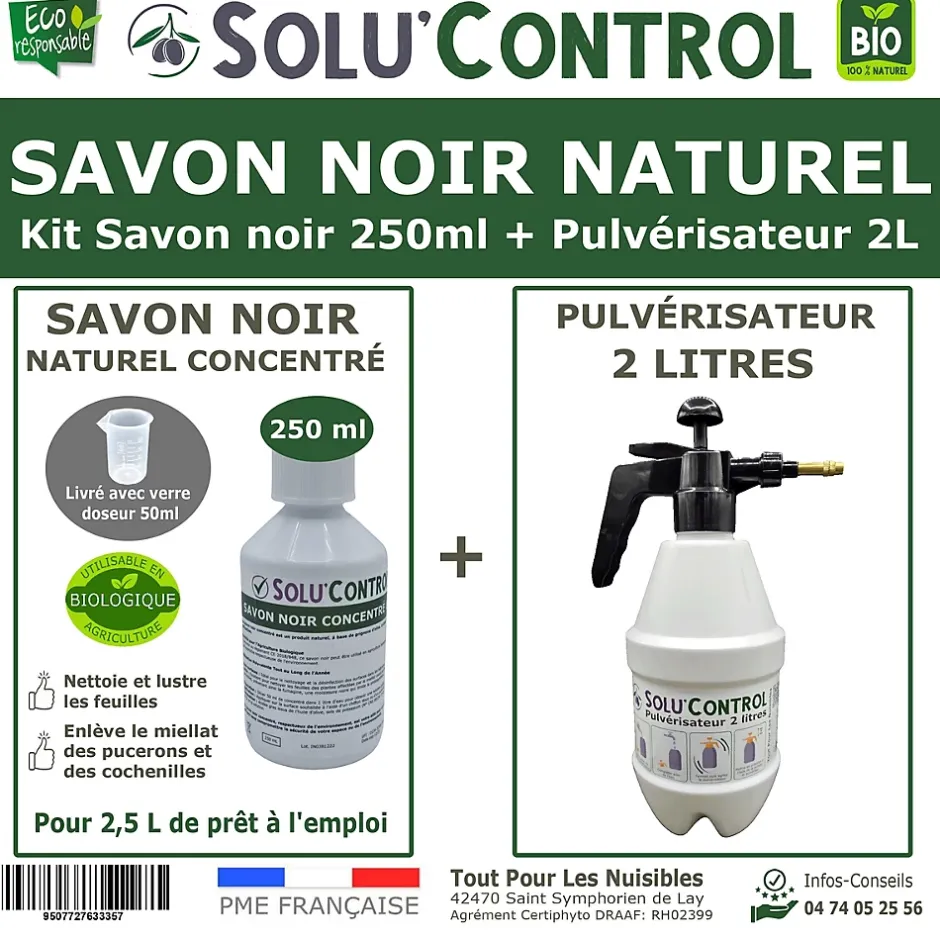 Tout Pour Les Nuisibles SOLU'CONTROL - Kit complet Savon Noir Naturel Concentré UAB 250 ml + Pulvérisateur de 2 L - Nettoyant Feuilles et Enlève Miellat Outlet
