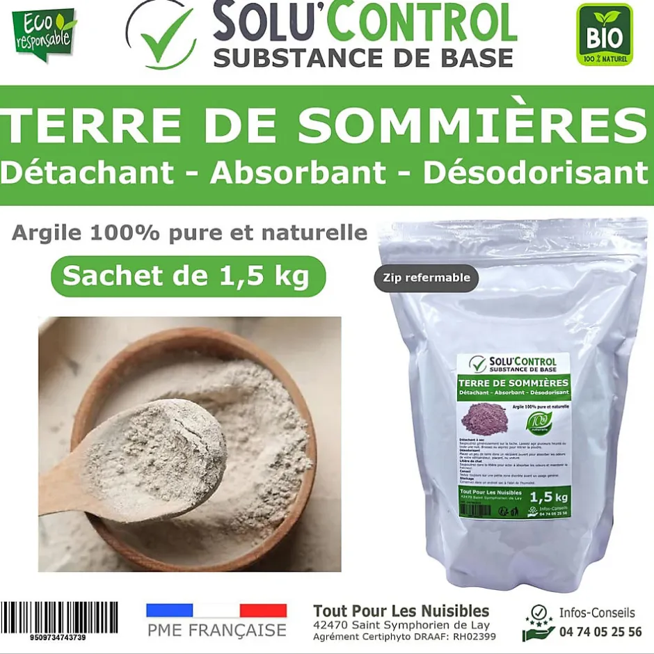 Tout Pour Les Nuisibles SOLU'CONTROL - Terre de Sommières 1,5 kg - Détachant Naturel et Absorbant - Élimine les Odeurs d'Urine, Litière de Chat, Tapis