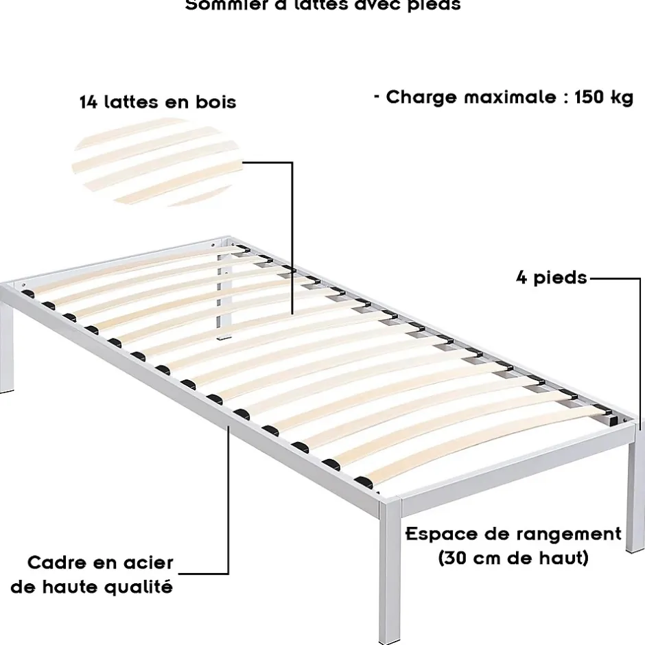Monmobilierdesign Sommier à Lattes Avec Pieds En Acier Robuste 90x200 Cm Blanc Sale