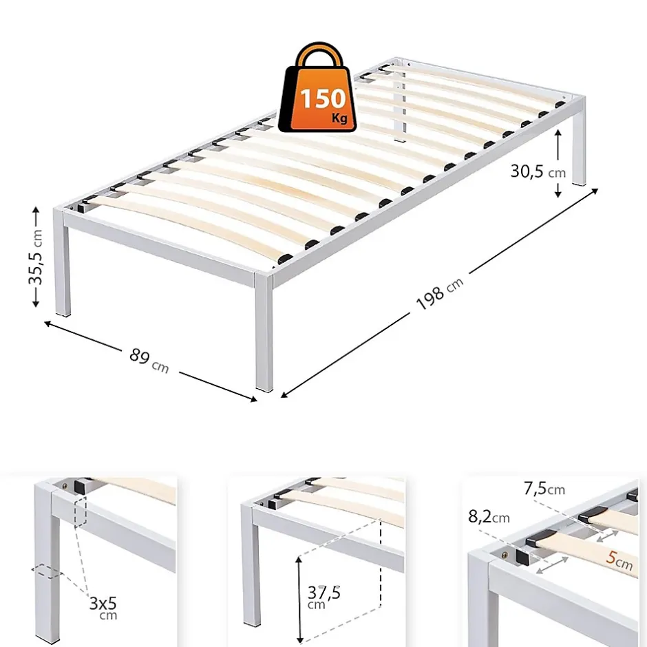Monmobilierdesign Sommier à Lattes Avec Pieds En Acier Robuste 90x200 Cm Blanc Sale