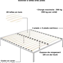 Monmobilierdesign Sommier à Lattes Avec Pieds En Acier Robuste 160x200 Cm Blanc Online