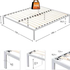 Monmobilierdesign Sommier à Lattes Avec Pieds En Acier Robuste 160x200 Cm Blanc Online
