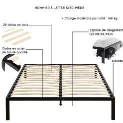 Monmobilierdesign Sommier à Lattes Avec Pieds En Acier Robuste 160x200 Cm Noir