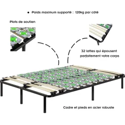 Monmobilierdesign Sommier à Lattes Avec Plots De Soutien 140x200 Cm Avec Pieds