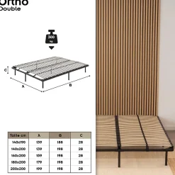 Monmobilierdesign Sommier à Lattes En Acier Avec Bande Stabilisatrice Noir 140x200 Cm Avec Pieds
