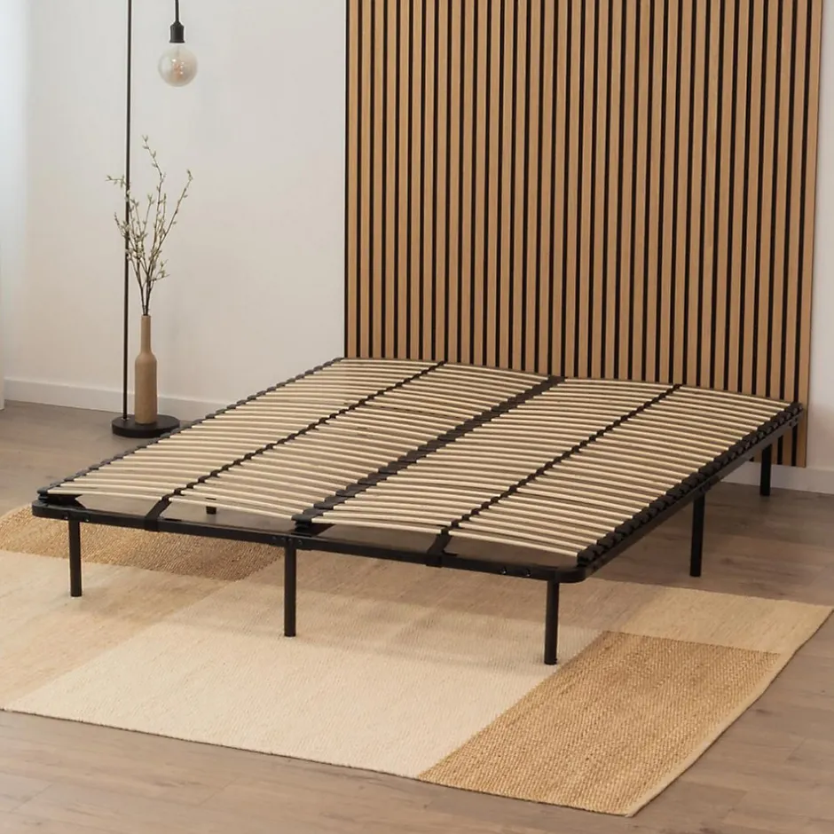 Monmobilierdesign Sommier à Lattes En Acier Avec Bande Stabilisatrice Noir 140x200 Cm Avec Pieds