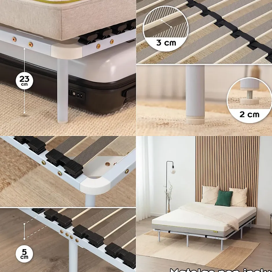 Monmobilierdesign Sommier à Lattes En Acier Avec Bande Stabilisatrice Blanc 180x200 Cm Avec Pieds Discount