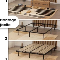Monmobilierdesign Sommier à Lattes En Acier Avec Bande Stabilisatrice Noir 180x200 Cm Avec Pieds