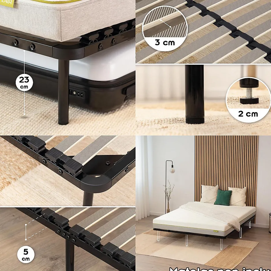 Monmobilierdesign Sommier à Lattes En Acier Avec Bande Stabilisatrice Noir 180x200 Cm Avec Pieds
