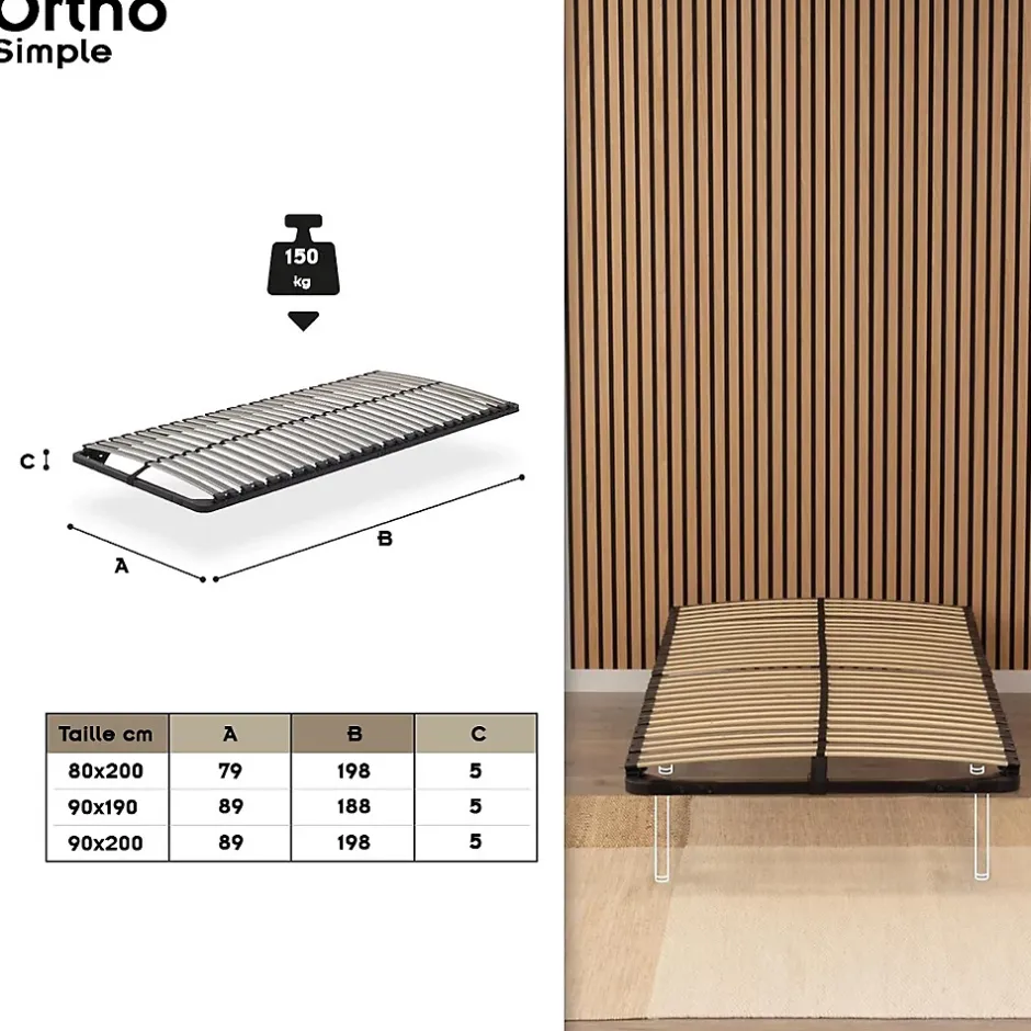Monmobilierdesign Sommier à Lattes En Acier Avec Bande Stabilisatrice Noir 80x200 Cm Sans Pieds Best