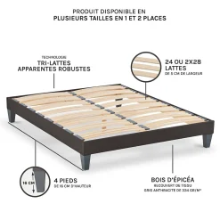 Olympe Literie Sommier à lattes en bois Kit15 200x220 cm Coloris Gris anthracite Livré en kit