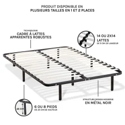 Olympe Literie Sommier à lattes en métal Somkit 90x200 cm Coloris Noir Livré en kit