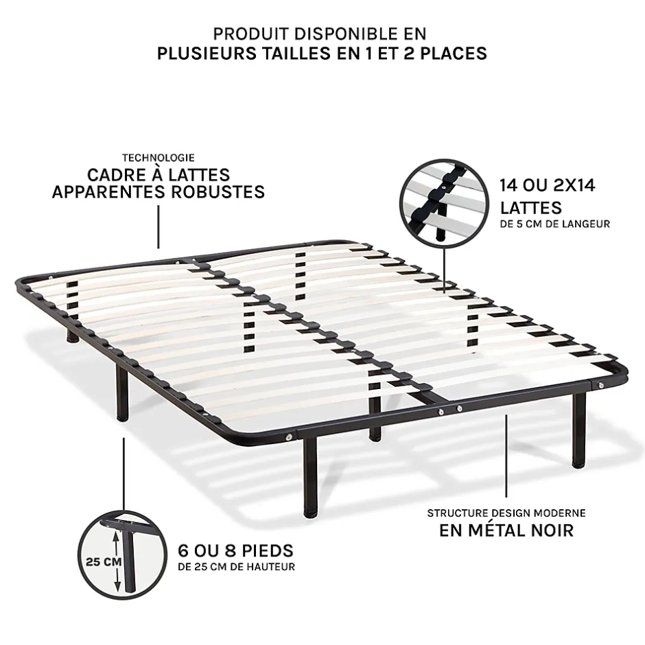 Olympe Literie Sommier à lattes en métal Somkit 90x200 cm Coloris Noir Livré en kit