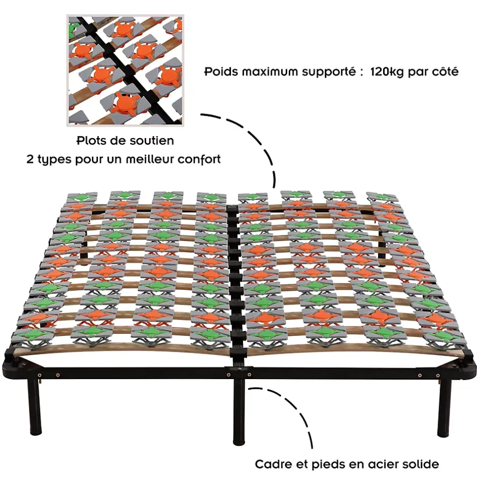 Monmobilierdesign Sommier à Lattes Ergonomique Avec Plots De Soutien 140x200 Cm Avec Pieds Online