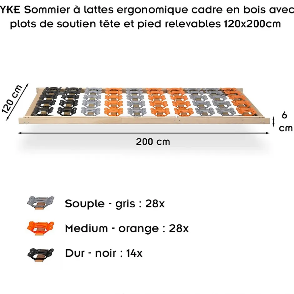 Monmobilierdesign Sommier à Lattes Ergonomique Avec Plots De Soutien Cadre En Bois Tête Et Pied Relevables 120x200 Cm Clearance
