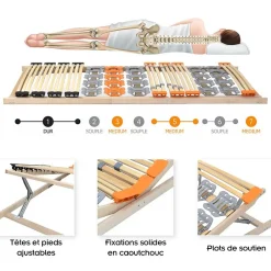 Monmobilierdesign Sommier à Lattes Ergonomique En Bois Avec Plots De Soutien 7 Zones De Confort Tête Et Pied Relevables 120x200 Cm