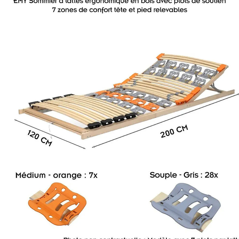 Monmobilierdesign Sommier à Lattes Ergonomique En Bois Avec Plots De Soutien 7 Zones De Confort Tête Et Pied Relevables 120x200 Cm
