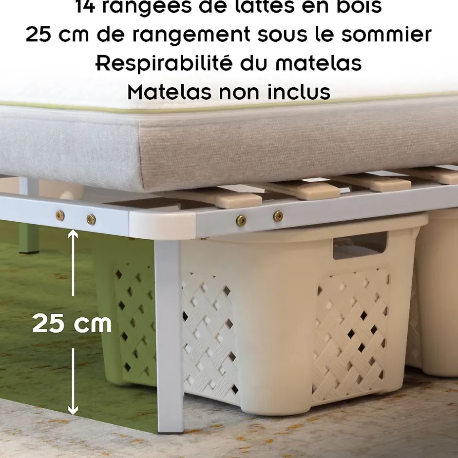 Monmobilierdesign Sommier à Lattes Robuste Avec Pieds En Acier - Montage Facile - 160x200 Cm Blanc New