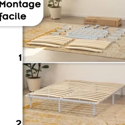 Monmobilierdesign Sommier à Lattes Robuste Avec Pieds En Acier - Montage Facile - 160x200 Cm Blanc New