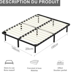 Teeno Sommier à Lattes sur Pieds,7 Pieds Inclus ,Lit 2x13 Lattes,140x190 CM