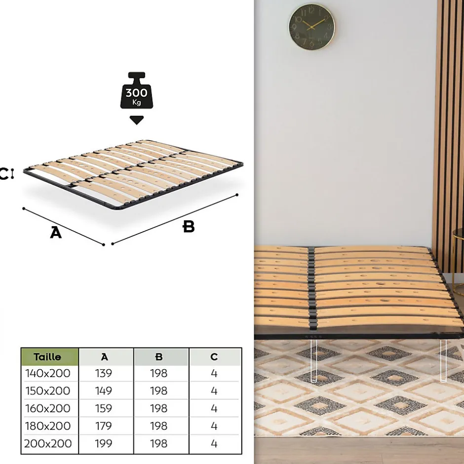 Monmobilierdesign Sommier Ergonomique à Lattes Larges Et Flexibles En Bois De Bouleau 160x200 Cm Avec Pieds