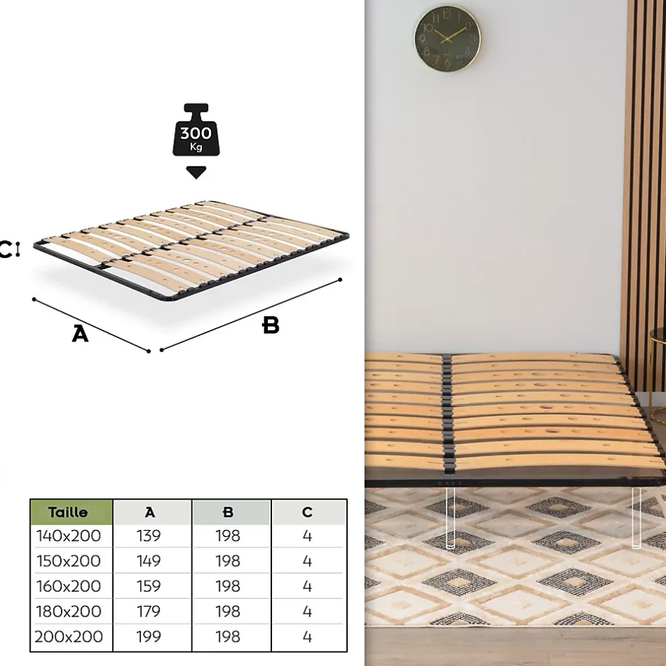 Monmobilierdesign Sommier Ergonomique à Lattes Larges Et Flexibles En Bois De Bouleau 160x200 Cm Sans Pieds