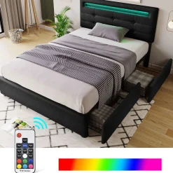 Blackcolors Sommier LED 2 Tiroirs 90x200cm Bois Tête Réglable Noir